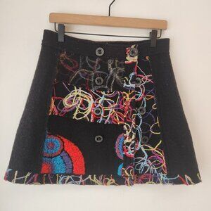 Vintage Cache Cache Wool Blend Artsy Black Skirt Yarn Art Women's 38 (M)